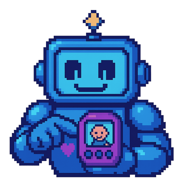 A happy robot with their human Samagotchu